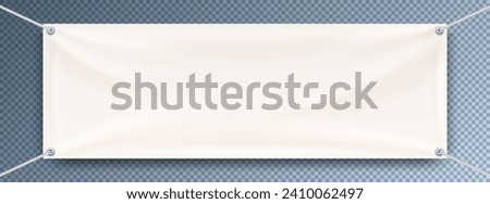 White mock up textile banner with eyelets at the corners and white ropes. Hanging advertising promo banner vector template isolated on transparent background