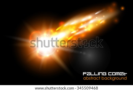 Comet, fireball or meteor glow abstract background. Bright falling flash on black