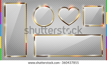 Vector glass modern banner set with shiny golden metallic frame, square, horizontal and vertical rectangle, heart, round. Realistic glossy plate on transparent background