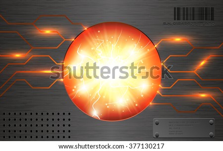 Abstract energy power tech background. Vector atomic pile futuristic industrial poster. Nuclear reaction in round frame. Metallic surface with electric line techno banner.