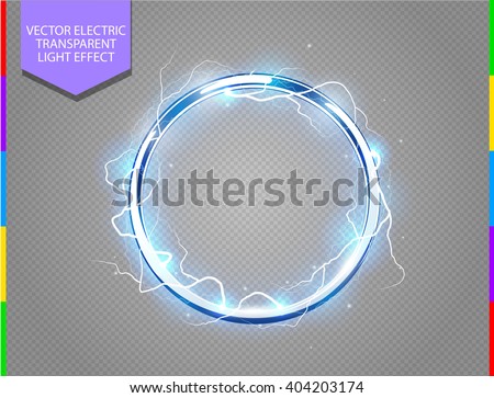 Abstract electric ring science background. Metal chrome shine round frame with energy lightning and spotlight. Power light effect with sparks. Fiction vector blue glowing stainless steel round