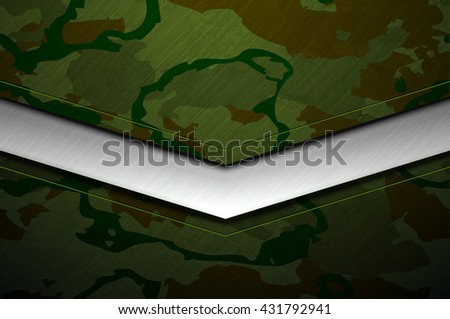 Green camouflage metal army background with damaged military disguise grunge texture. Vector scratched surface and stainless steel line