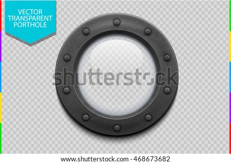 Illustration of a metal ship porthole with glass isolated on transparent background. Rivets mount