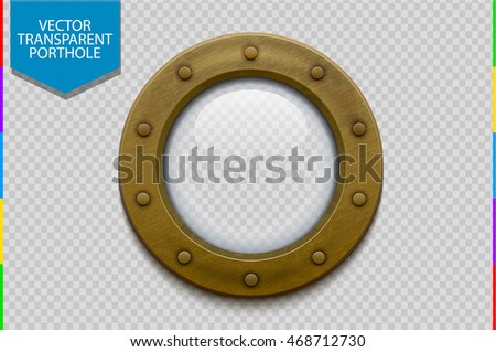 Illustration of a bronze or brass ship porthole with glass isolated on transparent background. Rivets mount