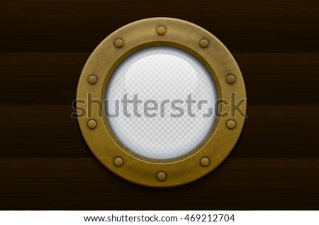 Illustration of a bronze or brass ship porthole with transparent glass on wooden background. Rivets mount