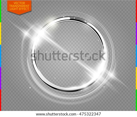 Abstract luxury chrome metal ring. Vector light circles and spark light effect. Sparkling glowing round frame on transparent. Sunny and cheerful background. Glow space for your message