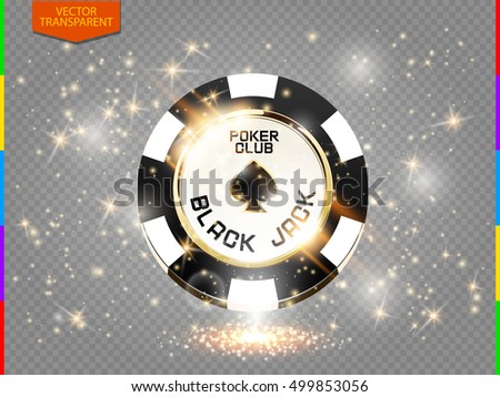 VIP poker chip with sparkling light effect vector. Black jack poker club casino spades emblem with sparks isolated on transparent background
