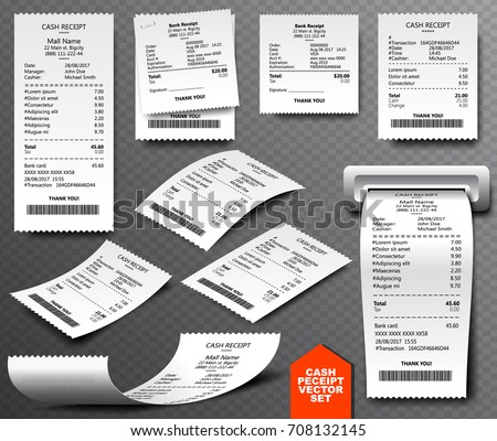 Cash register sale receipt printed on thermal rolled paper. Realistic image collection isolated on transparent background. Financial atm transaction check icon vector illustration.
