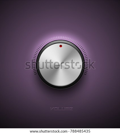 Volume button, sound control icon, music knob metal aluminum or chrome texture and scale with black ring on purple plastic background