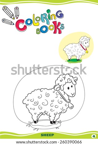 a white sheet of paper on which is drawn a funny sheep black outline for painting with crayons or paints to the right at the top of the same sheep painted in color. vector