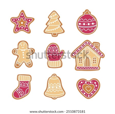 Set of Homemade Christmas cookies, gingerbread with sugar icing. Star, fir trees, Christmas tree toy, gingerbread man, glove, gingerbread house, sock, bell, heart. Set of vector illustrations.