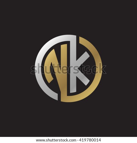 NK initial letters looping linked circle elegant logo golden silver black background