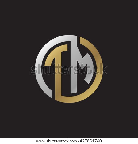 TM initial letters looping linked circle elegant logo golden silver black background