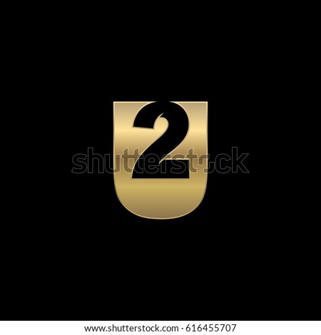 Initial letter and number logo, U and 2, U2, 2U, negative space gold