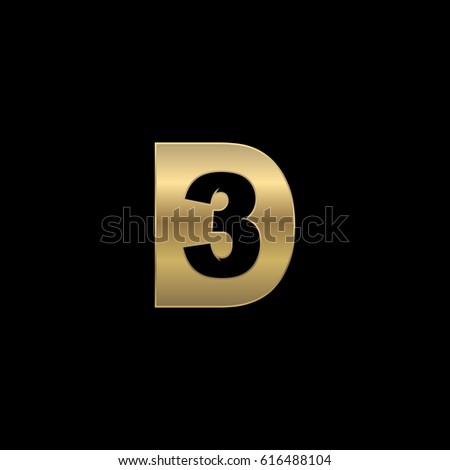 Initial letter and number logo, D and 3, 3D, D3, negative space gold