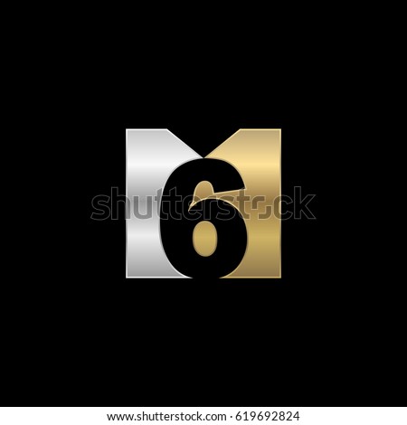 Initial letter and number logo, M and 6, M6, 6M, negative space silver gold