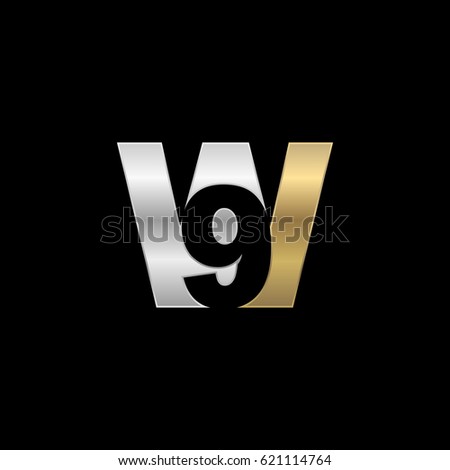 Initial letter and number logo, W and 9, W9, 9W, negative space silver gold