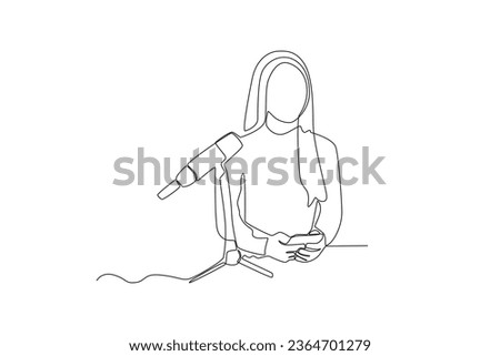 One continuous line drawing of woman looking at podcast list on mobile phone
