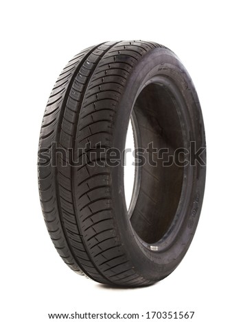 Tire that is nearing the end of it\'s useful life on a white background.