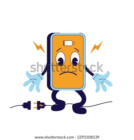 Low battery phone, 70's groovy Retro print. illustration for tee, t shirt and sticker - poster design. Funky character low battery concept. Vector illustration.