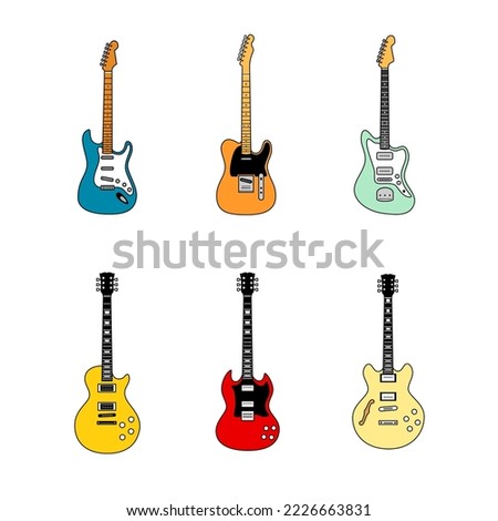 Illustrations of notable electric guitars from Fender and Gibson