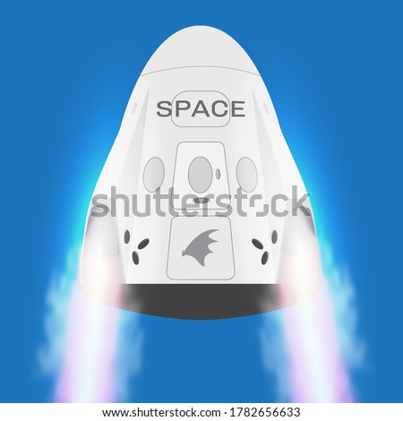 SpaceX space craft, Crew Dragon 2019. Vector rocket Falcon 9 . Vector illustration. Cartoon for web, postcard, poster, clothing print. Isolated space ship with flame.