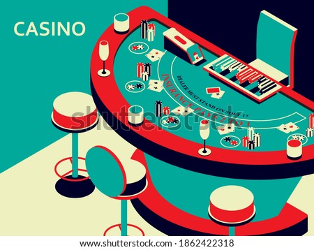 Casino black jack table in isometric flat style. Chips and card deck. Vector illustration.