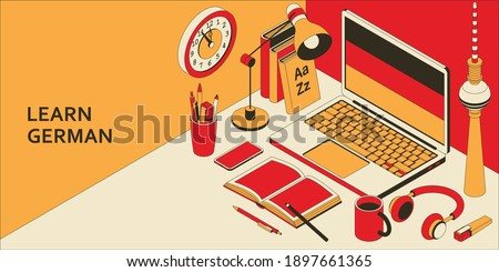 Learn German language isometric concept with open laptop, books, headphones, and coffee. Vector illustration