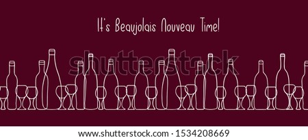 Hand drawn vector pattern with doodle wine bottles. Sketch drawing of wine glasses and bottles silhouettes. Text  Beaujolais nouveau. Wine, food ads for wine festival