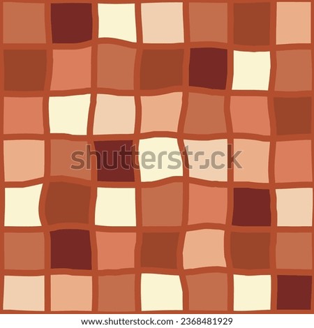 Seamless vector pattern with hand drawn grid filled with shades of brown and beige squares. checkerboard