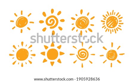 Cute doodle sun collection. Hand drawn style illustration set. 
