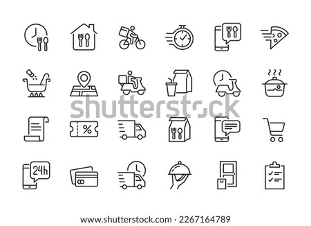 Food delivery related icon set. Online food app symbol - Editable stroke, Pixel perfect at 64x64