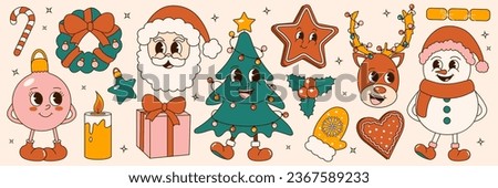 Groovy 70s Christmas sticker set. Trendy retro cartoon style. Comic cartoon characters and elements. Christmas tree, snowman, gingerbread, santa