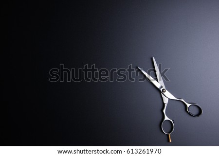 Stylish Professional Barber Scissors, Hair Cutting on black background. Hairdresser salon concept, Hairdressing Set. Haircut accessories. Copy space image, flat lay Stockfoto © 