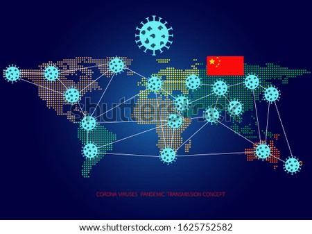 Novel Coronavirus ,icon of departure of coronavirus from China and Transmitted worldwide Pandemic concept of international contamination with biologically weapons.Vector illustration EPS 10.
