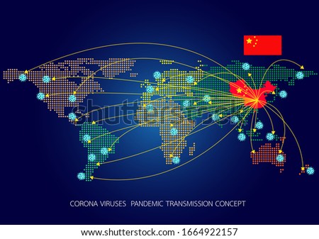 World map,icon of departure of coronavirus from China and Transmitted worldwide Pandemic concept of international contamination with biologically weapons.Vector illustration EPS 10.