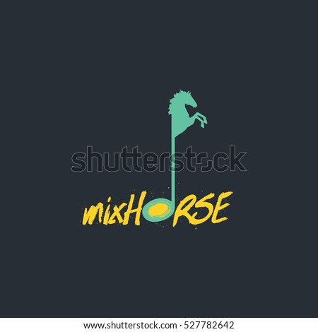 Green music note, text and horse vector logo design with dark blue background