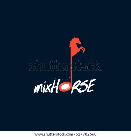 Orange music note, text and horse vector logo design with dark blue background