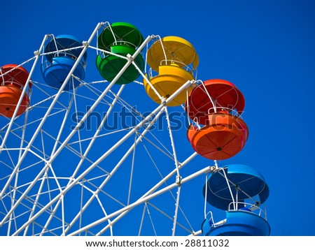 Fragment of wheel reviews with coloured cabins on background of blue sky