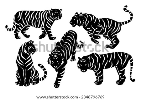 Hand Drawn Tiger Silhouette Isolated On White Background. Vector Illustration In Flat Style.