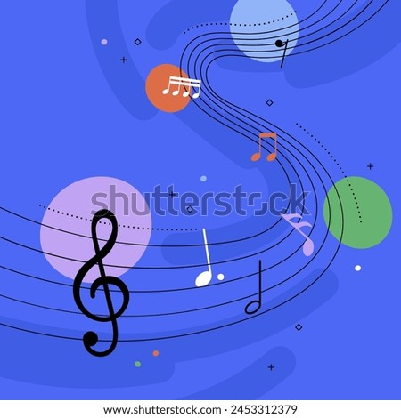 Electric blue background with music notes and treble clef on a sky blue circle