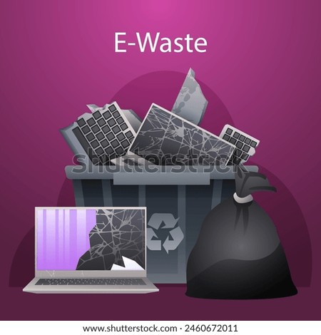 A purple trash can filled with broken laptops and ewaste bag