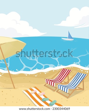 Beach landscape illustration with parasol and sunbed