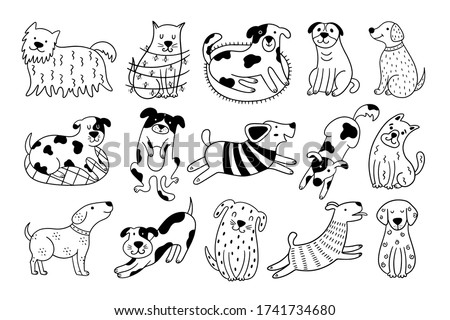 Collection of cute dogs. Set of 15 doodle pets on a white background. Hand-drawn vector illustration with black and white dogs.