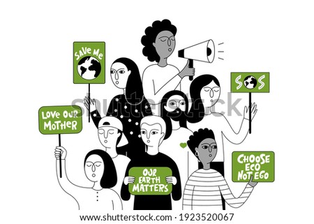  Eco-activist in the global strike for climate change. Extinction Rebellion. Group of people holding placards with slogans to protect the environment. Vector doodle illustration. 