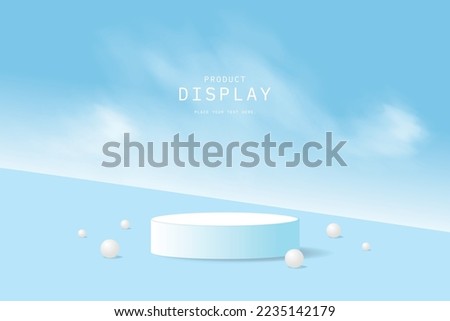 3d background product display podium scene with sky cloud platform. cloud background vector 3d render with blue white podium and spheres. stand show cosmetic product. showcase on podium display.