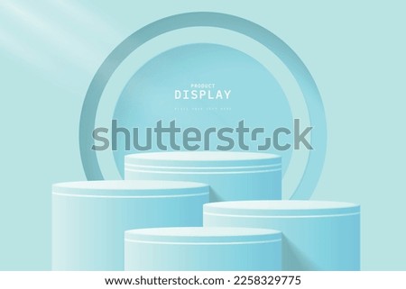 Abstract light blue 3d background in studio room. Realistic 3d cylinder podium pedestal with round shape floating in the middle of window. render in minimal wall scene for mockup or product display.