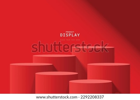 Empty red room with set of six steps 3D cylinder podium pedestal or product display stand. 3D vector geometric platform design. Minimal wall scene for mockup. stage for product presentation.