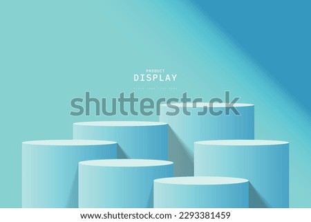 Empty blue room with set of six steps 3D cylinder podium pedestal or product display stand. 3D vector geometric platform design. Minimal wall scene for mockup. stage for product presentation.