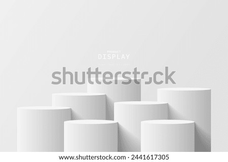 Empty white room with set of seven steps 3D cylinder podium pedestal or product display stand. 3D vector geometric platform design. Minimal wall scene for mockup. stage for product presentation.